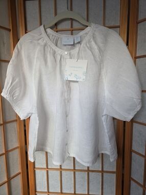NWT CYNTHIA ROWLEY 100% WHITE LINEN BUTTONS DOWN SHORT SLEEVE CROPPED BLOUSE S
